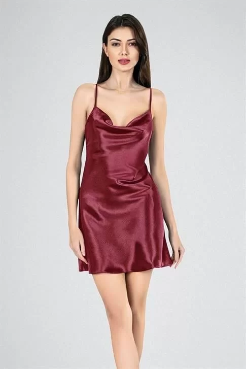Kısa Gecelik Degaje Bordo 7740