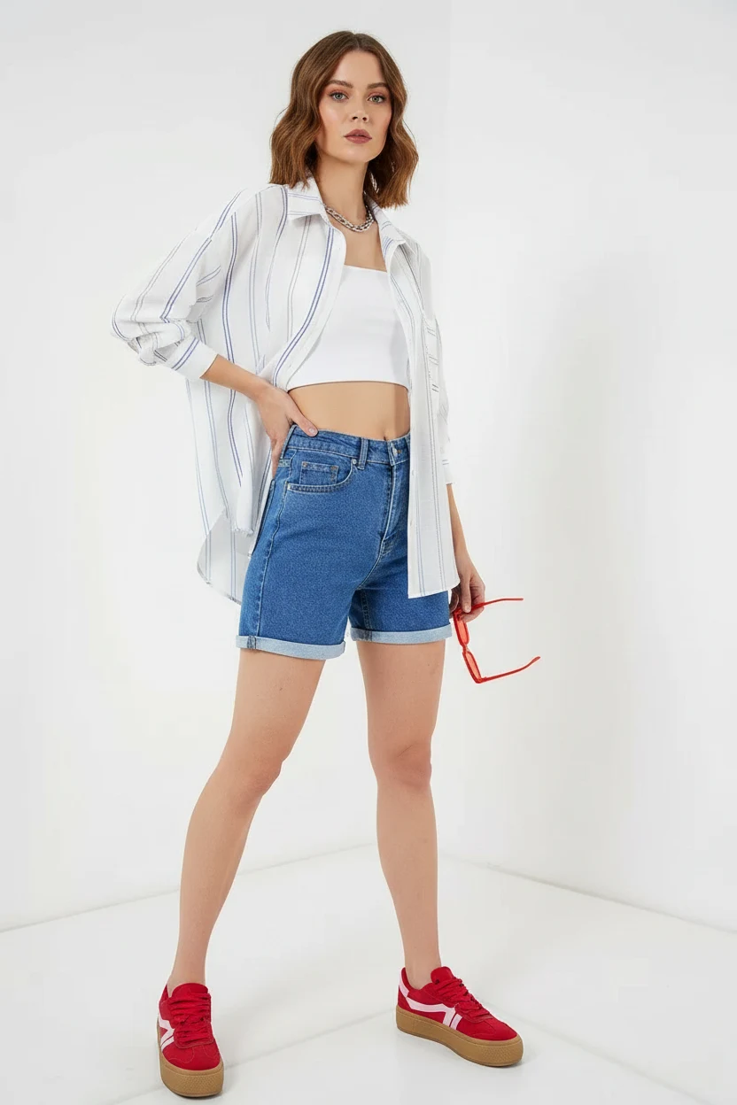Kadın Oversize Çizgili Pamuklu Beyaz Gömlek