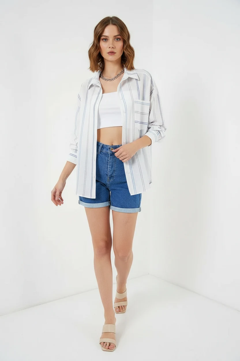 Kadın Oversize Çizgili Pamuklu Beyaz Gömlek