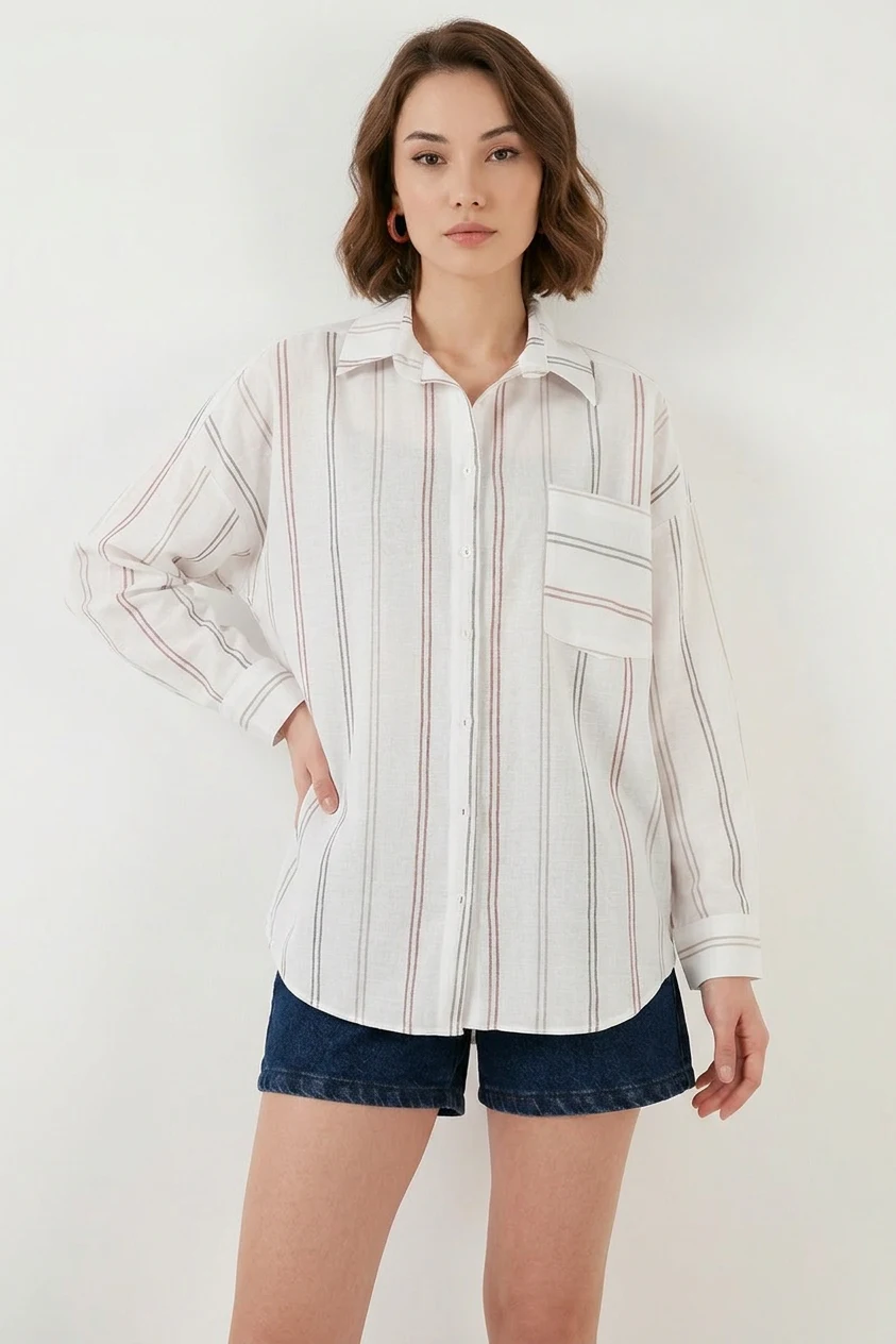 Kadın Oversize Çizgili Pamuklu B.Beyaz Gömlek
