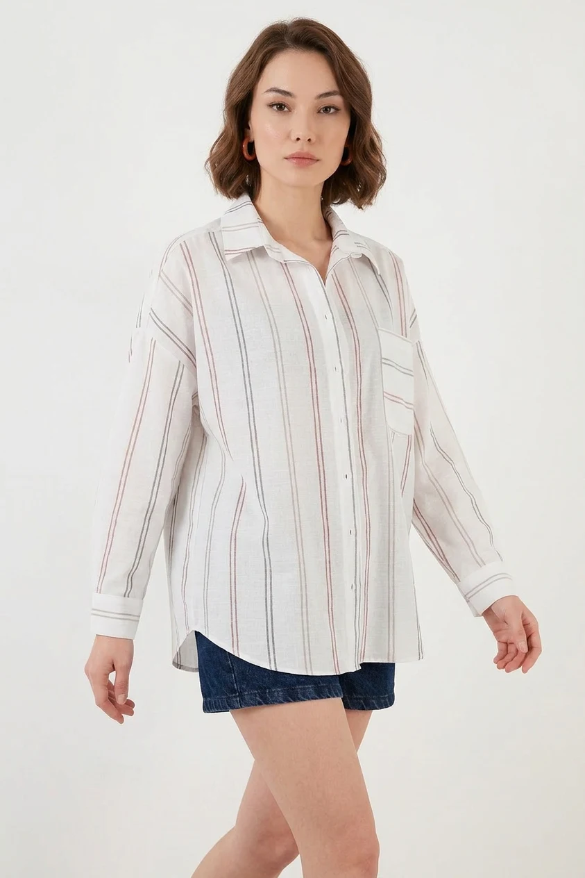 Kadın Oversize Çizgili Pamuklu B.Beyaz Gömlek