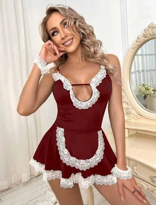 Bordo Beyaz Aksesuarlı Dantelli Fantezi Hizmetçi Kostümü