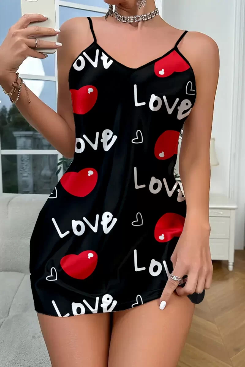 Love Desenli Saten Gecelik
