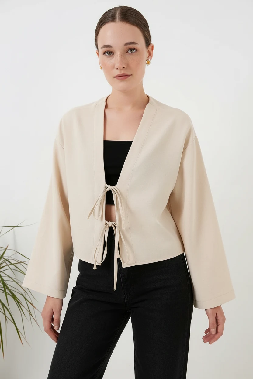 Kadın Yaka Önden Bağlamalı Önü Keten Krem Kimono