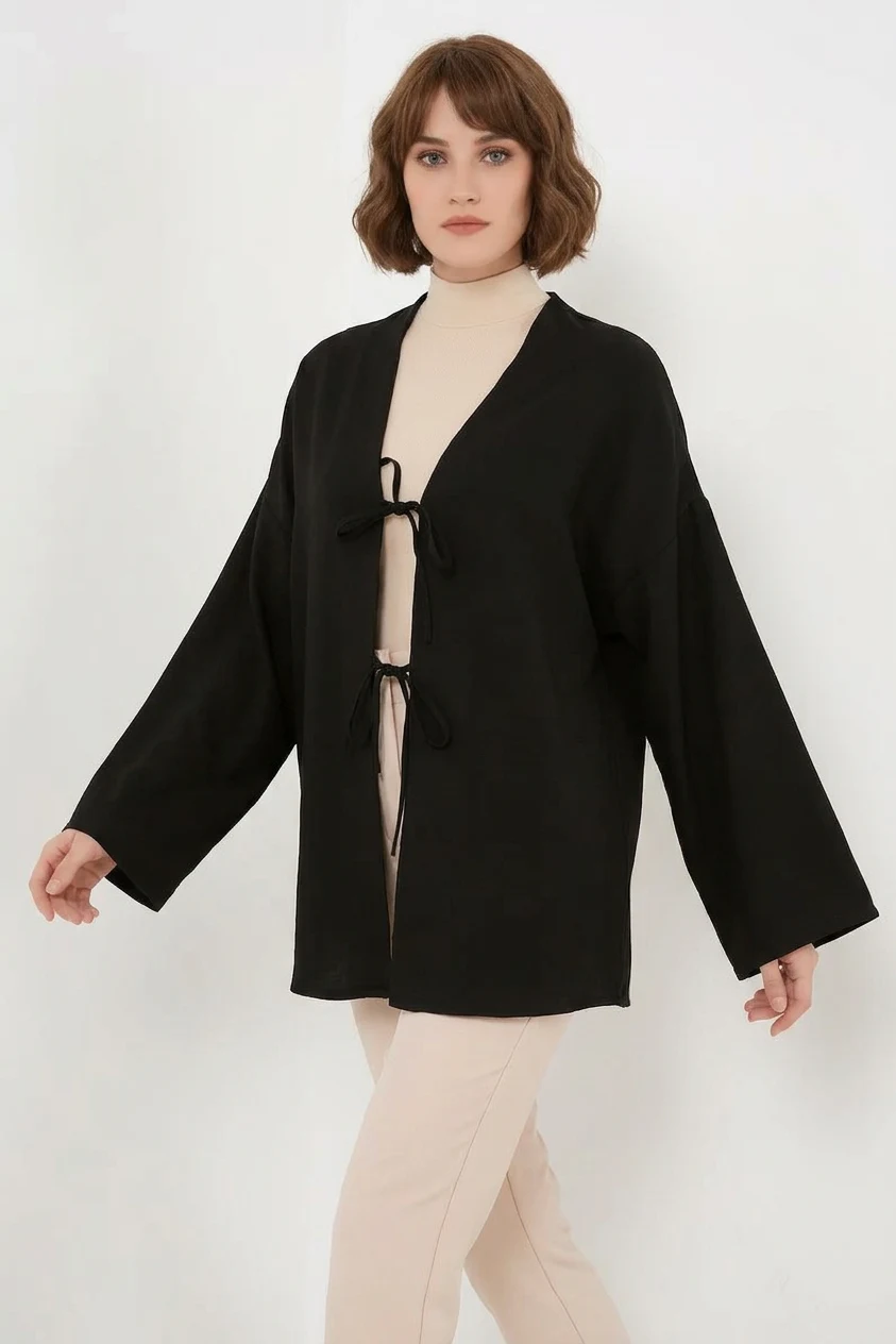 Kadın Bağcıklı Viskon Siyah Tesettür Kimono