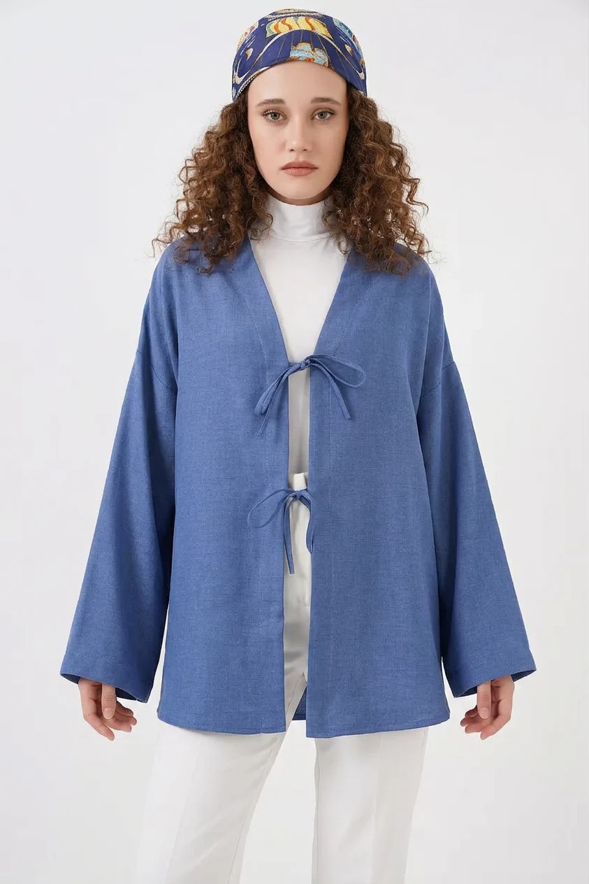 Kadın V Yaka Bağcıklı Viskon İndigo Tesettür Kimono