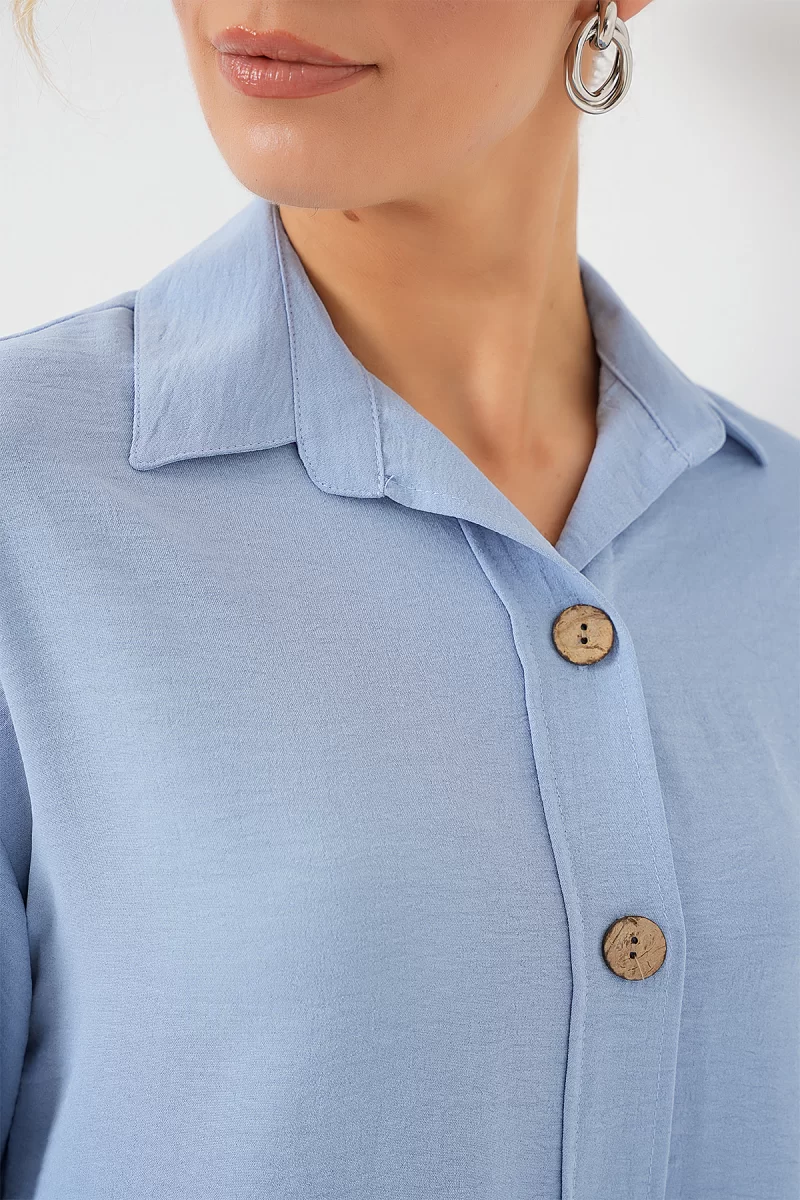 Kadın Kısa Kol Oversize Keten Mavi Gömlek