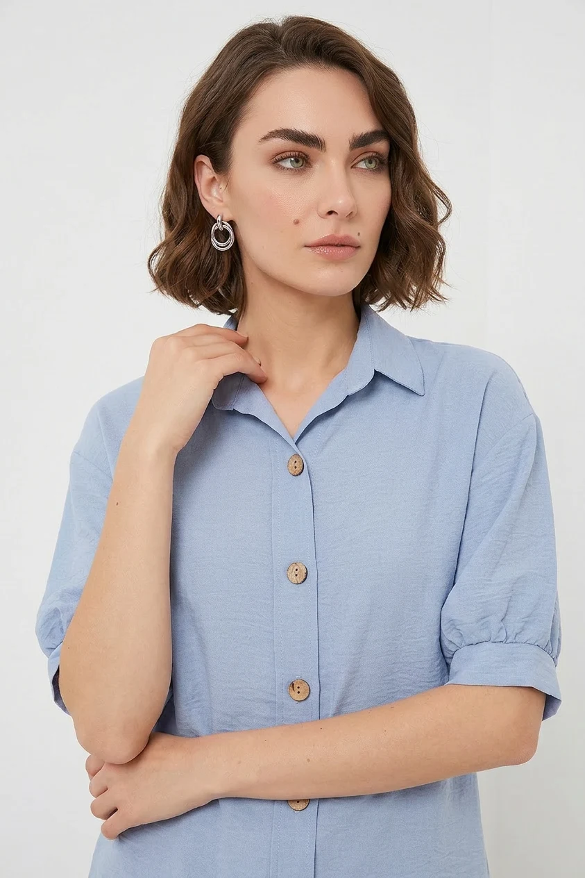 Kadın Kısa Kol Oversize Keten Mavi Gömlek