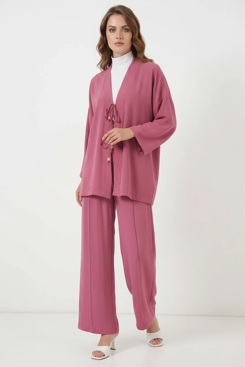 Kadın Kimono Yaka Kuşaklı Gül Kurusu İkili Takım
