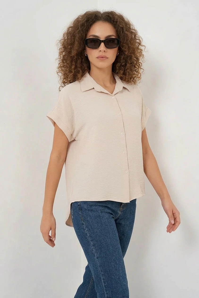 Kadın Kısa Kol Oversize Krem Gömlek