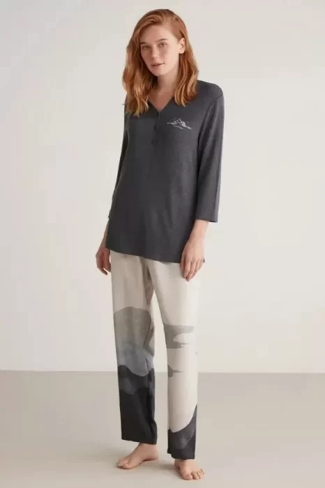 Nautıca W604 Kadın Patlı V Yaka Uzun Kollu Pijama Takımı