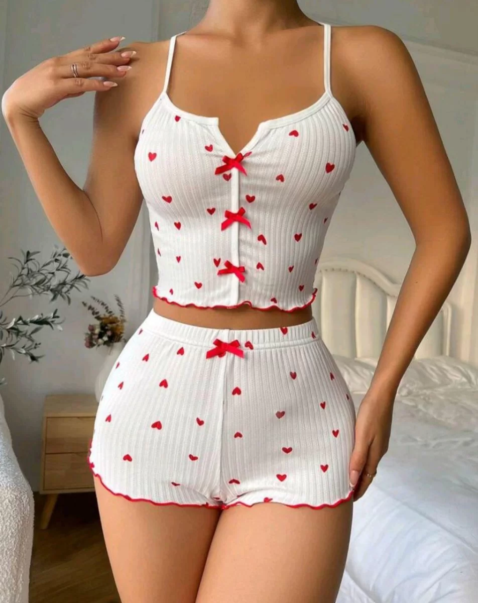 Kadın Beyaz Fiyonk Desenli Seksi Gecelik Takım 6640