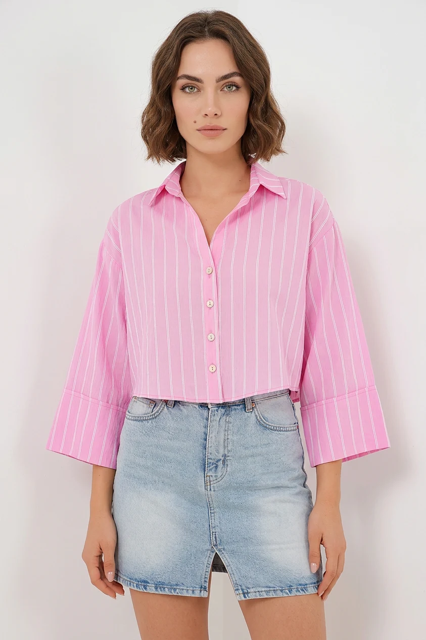 Kadın Oversize Çizgili Viskon Pembe Gömlek