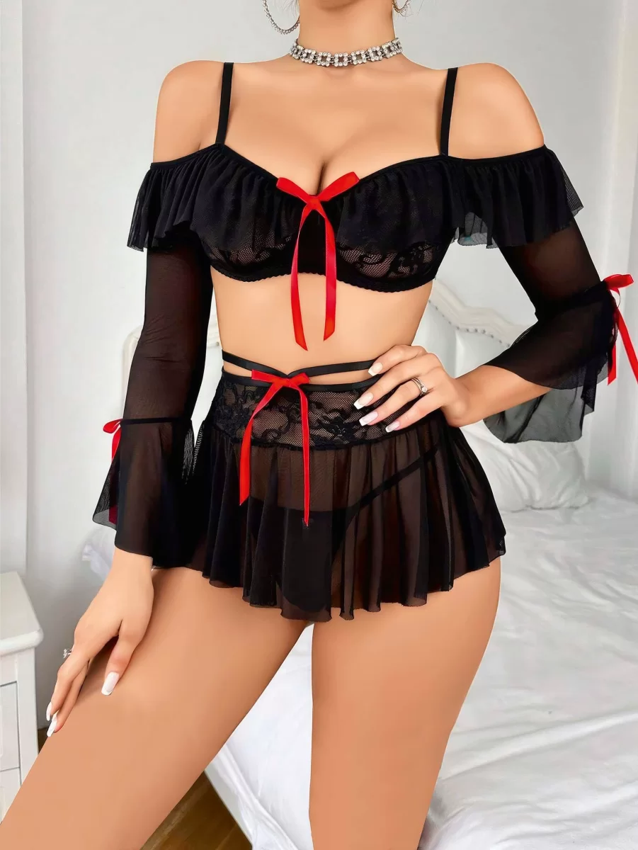 Kadın Siyah Etek Bustiyer Sexy Gecelik Takım 3831