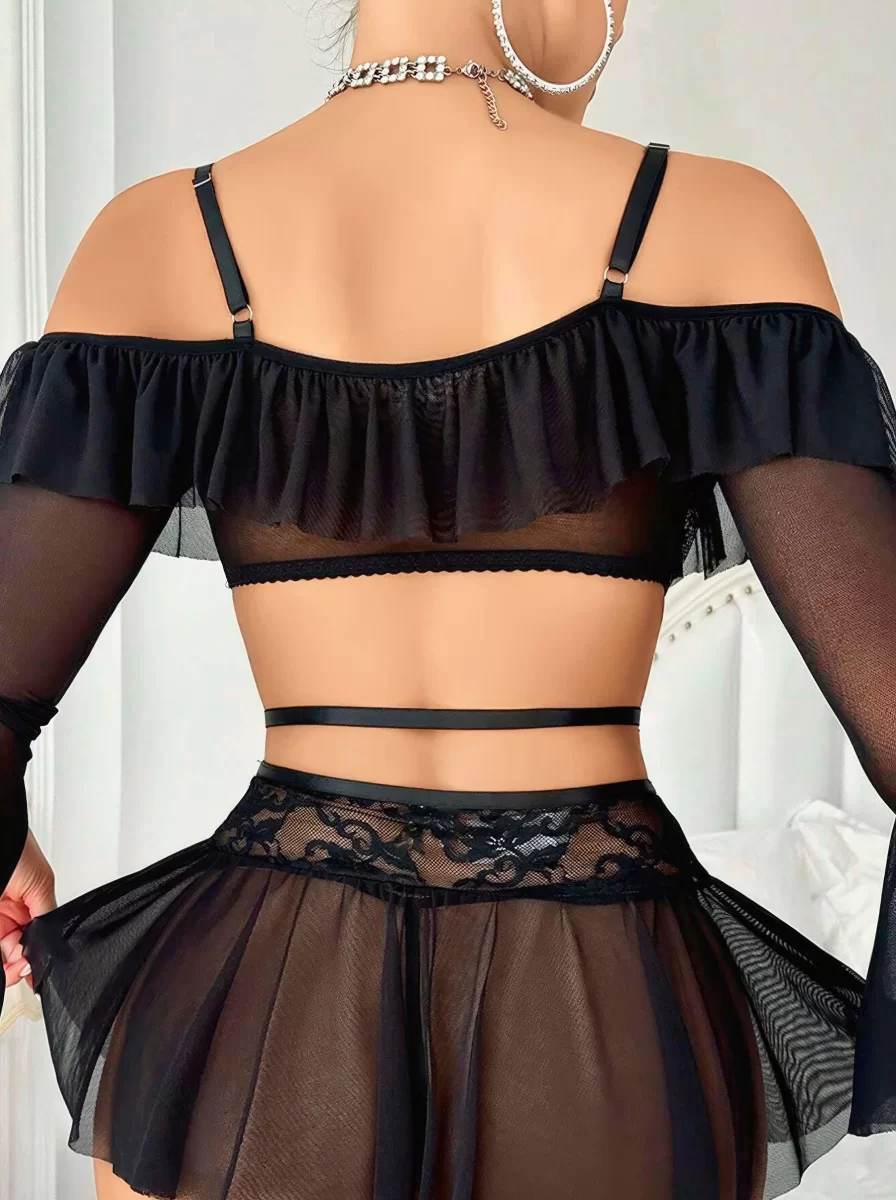 Kadın Siyah Etek Bustiyer Sexy Gecelik Takım 3831