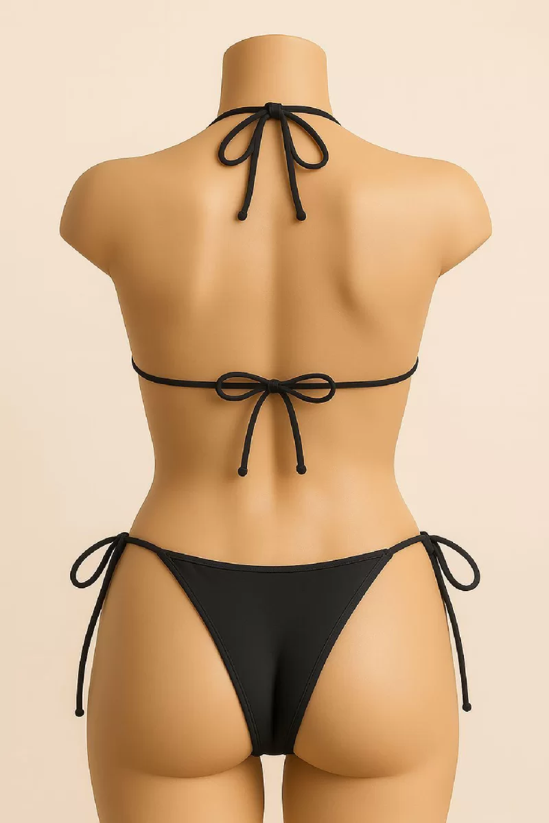 Kadın Siyah Yandan ve Boyundan Bağlamalı Bikini Mayo Takımı