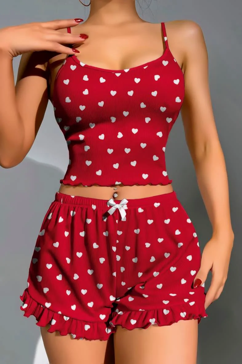 Pamuklu Kırmızı Üstüne Beyaz Kalp Desen Fitilli Askılı Şortlu Pijama Takımı