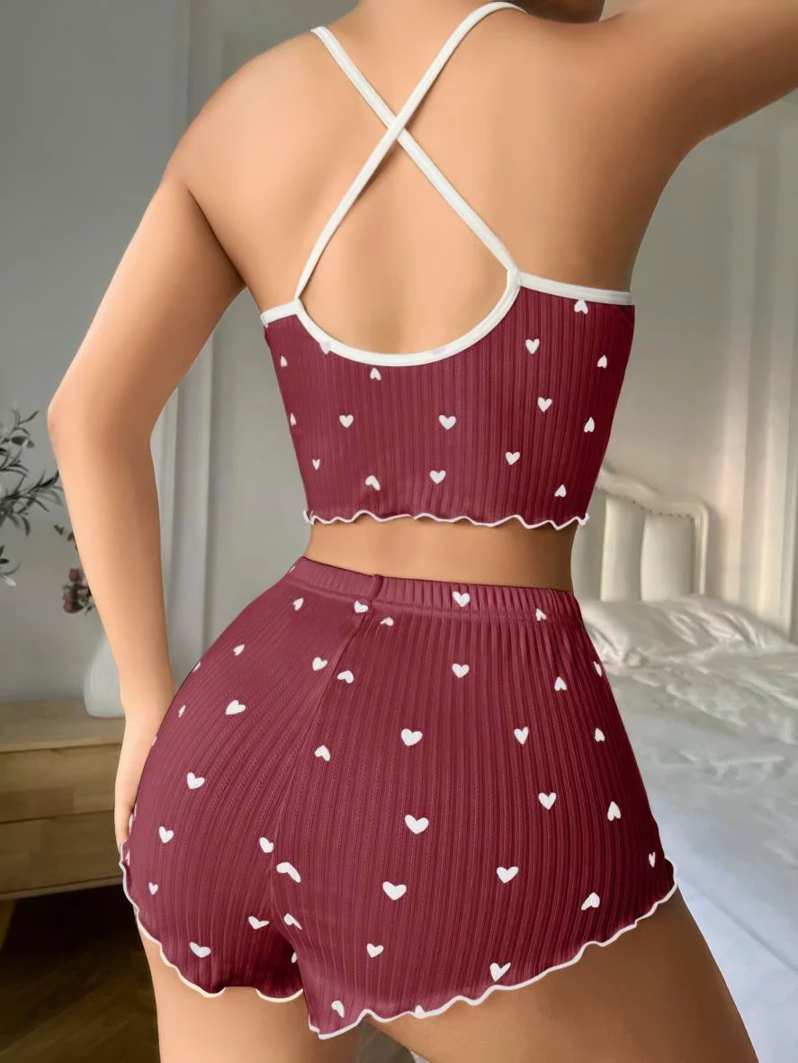 Pamuklu Kahverengi Üstüne Beyaz Kalp Desen Fitilli Askılı Şortlu Pijama Takımı