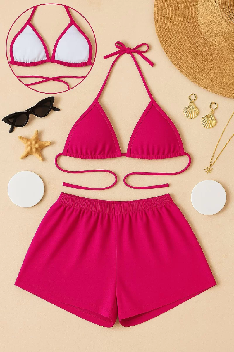 Kadın Fuşya Şortlu Belden ve Boyundan Bağlamalı Bikini Takımı