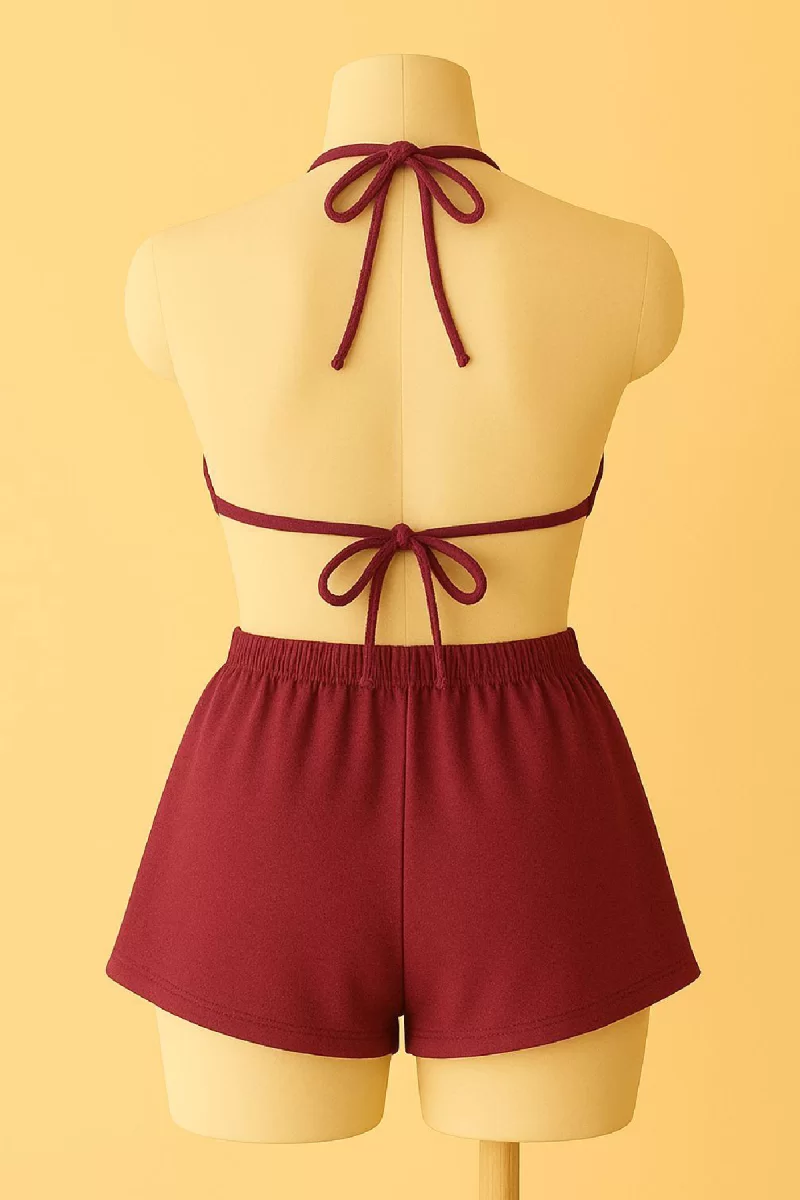 Kadın Bordo Şortlu Belden ve Boyundan Bağlamalı Bikini Takımı