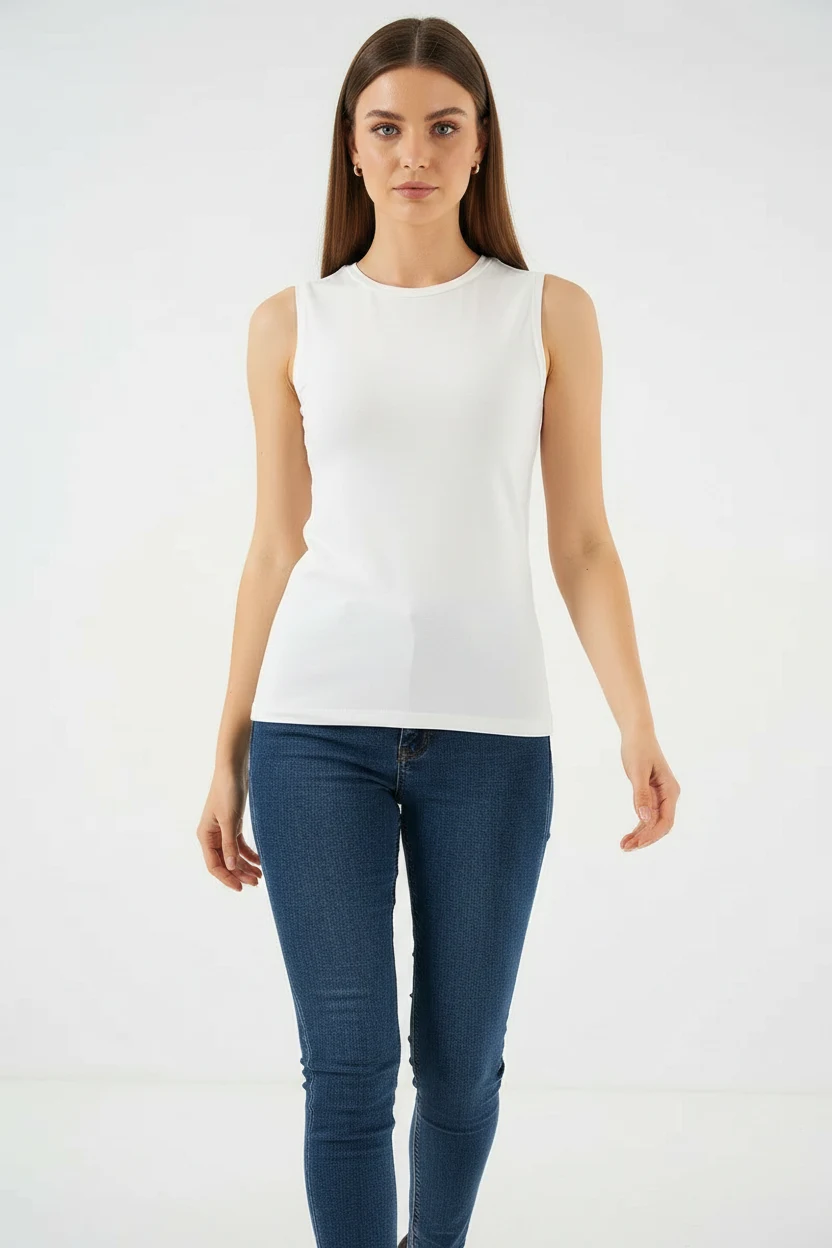 Kadın Yuvarlak Yaka Kolsuz Viskon Ekru Body