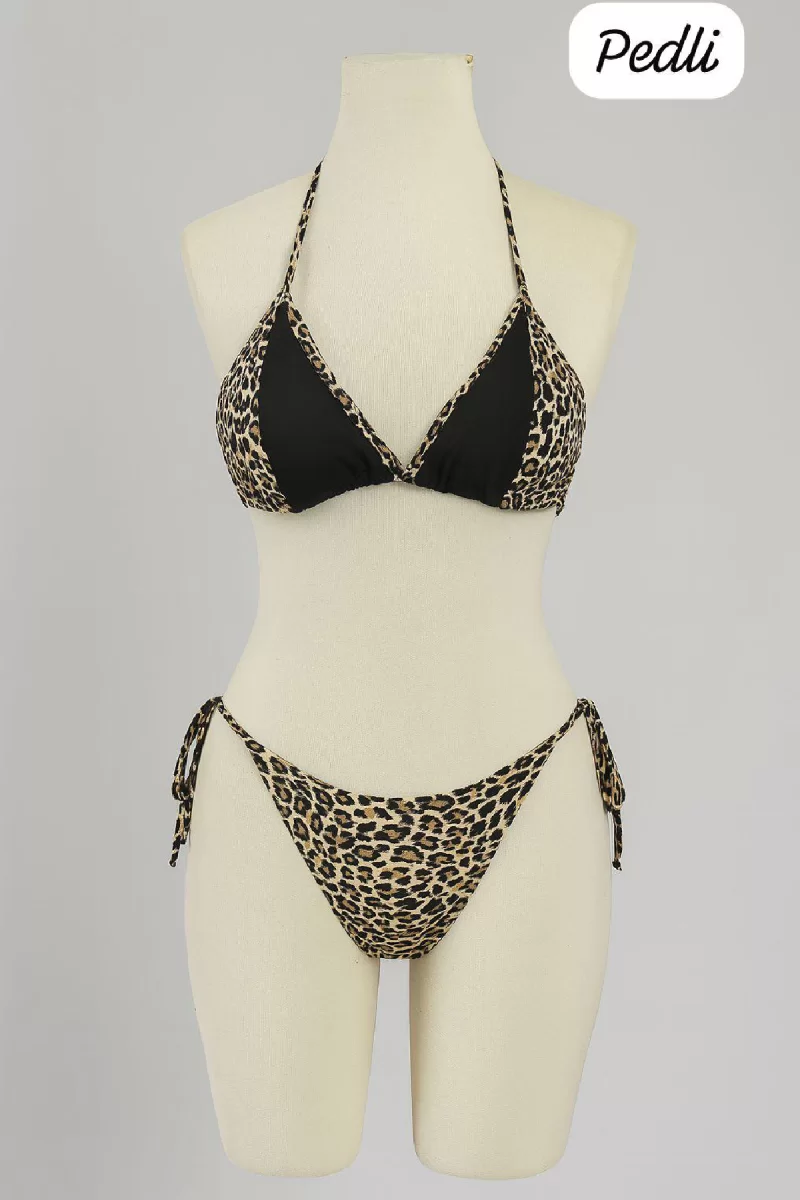 Kadın Siyah ve Leopar Detaylı Yandan Bağlamalı Bikini Takımı