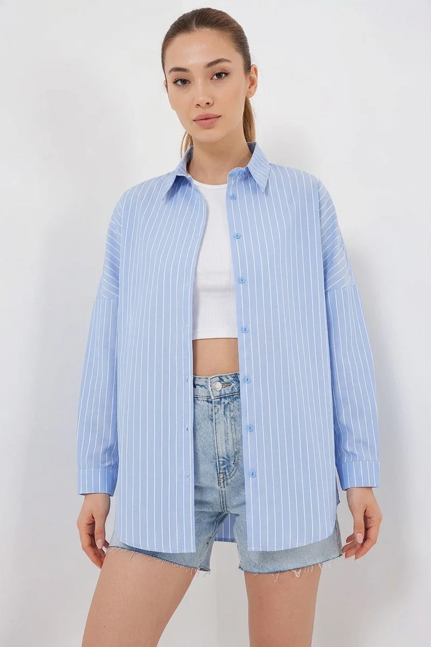 Kadın Oversize Çizgili Pamuklu Mavi Gömlek