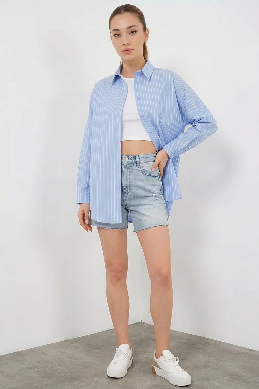 Kadın Oversize Çizgili Pamuklu Mavi Gömlek