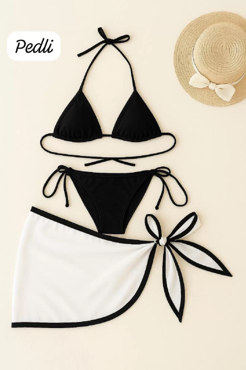 Kadın Siyah Beyaz Pareolu Yandan ve Boyundan Bağlamalı 3'lü Bikini Takımı