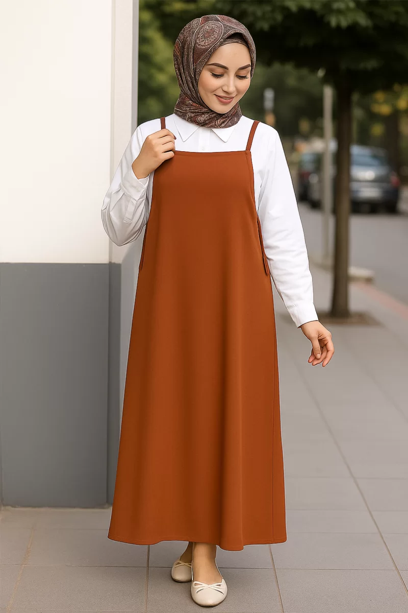 Kadın Kahverengi Basic Ayarlanabilir Askılı Jile Elbise