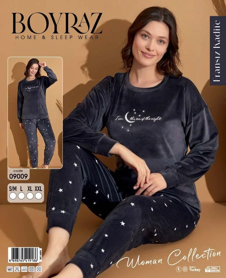 Boyraz 09009 Fransız Kadife Kumaş Uzun Kol Pijama Takımı