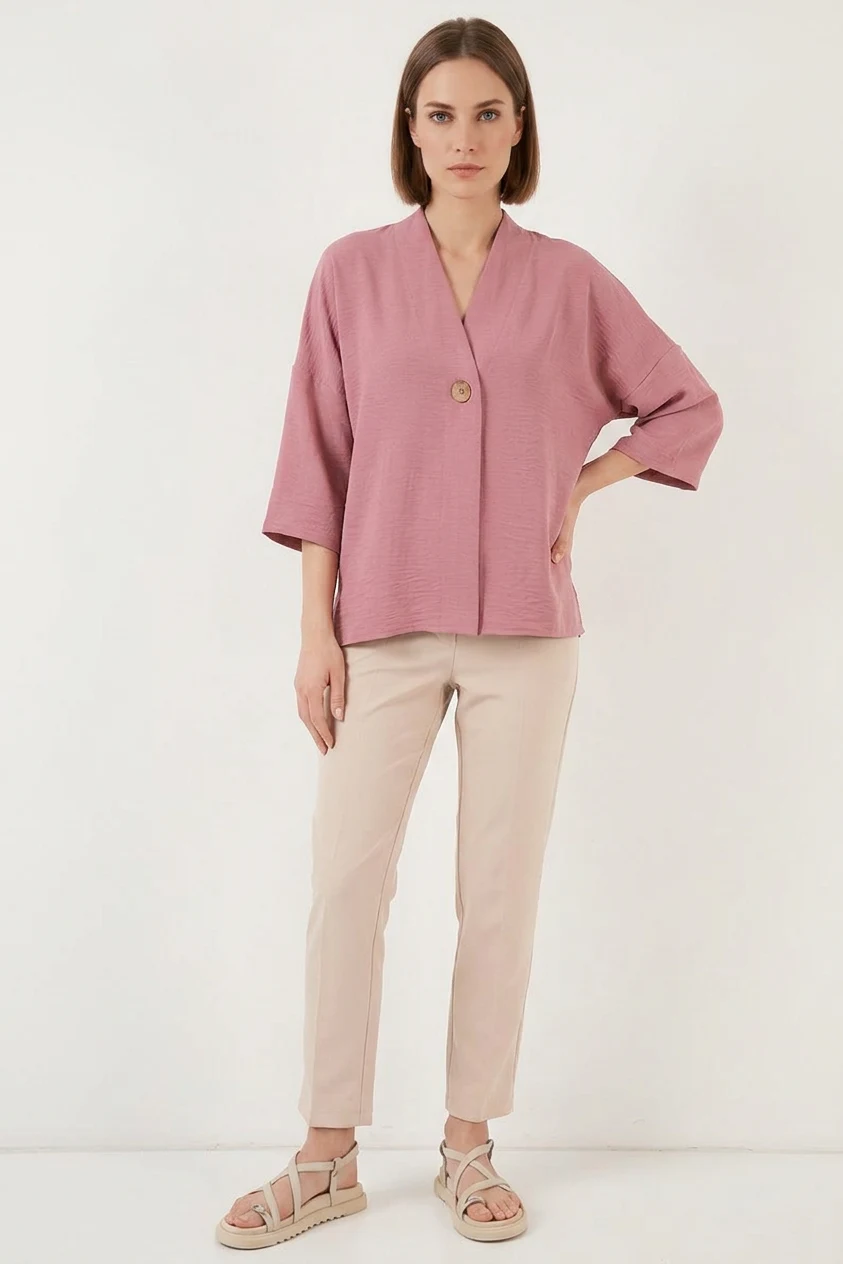 Kadın V Yaka Kısa Kol Oversize Gül Kurusu Kimono