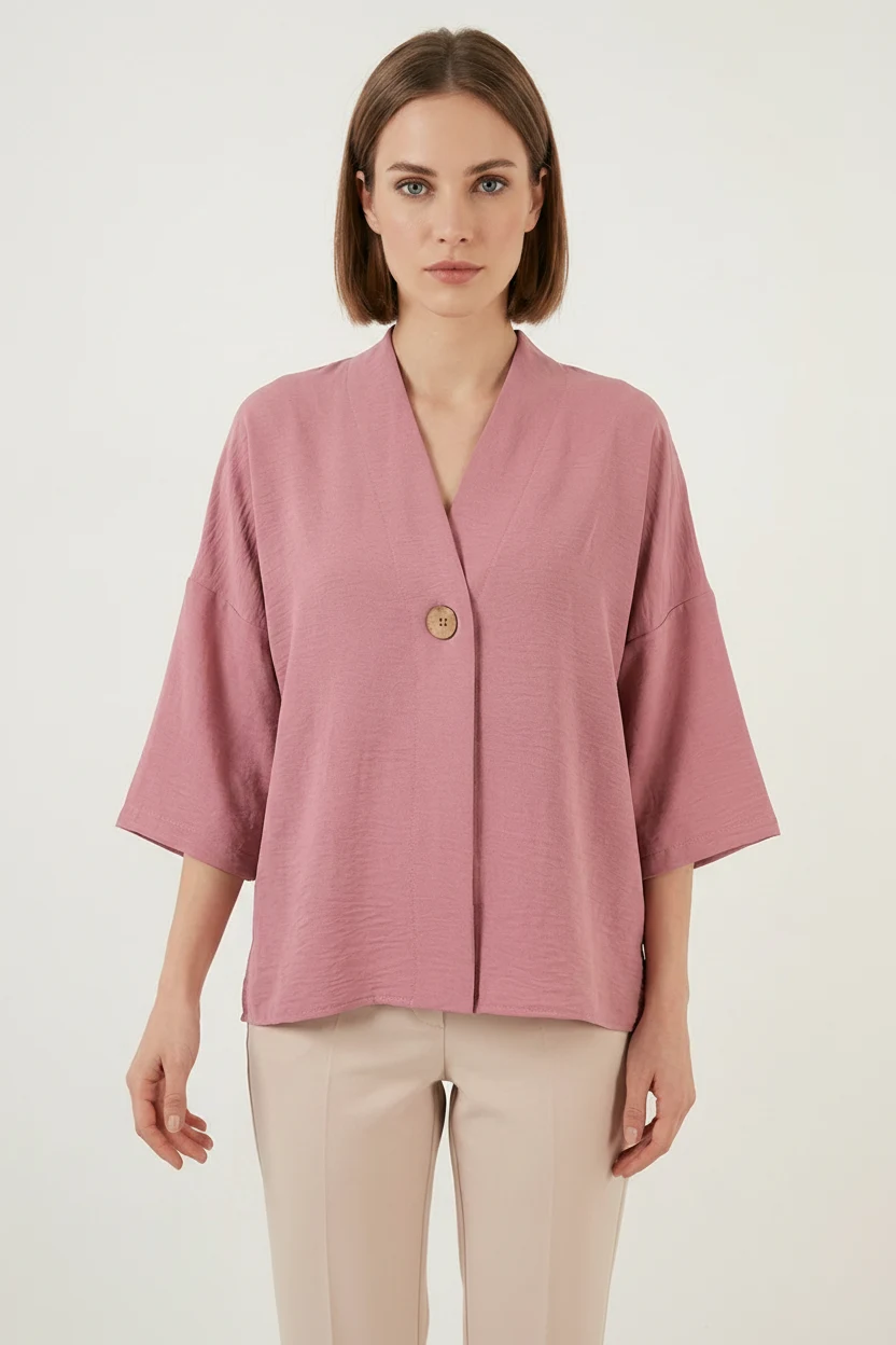 Kadın V Yaka Kısa Kol Oversize Gül Kurusu Kimono