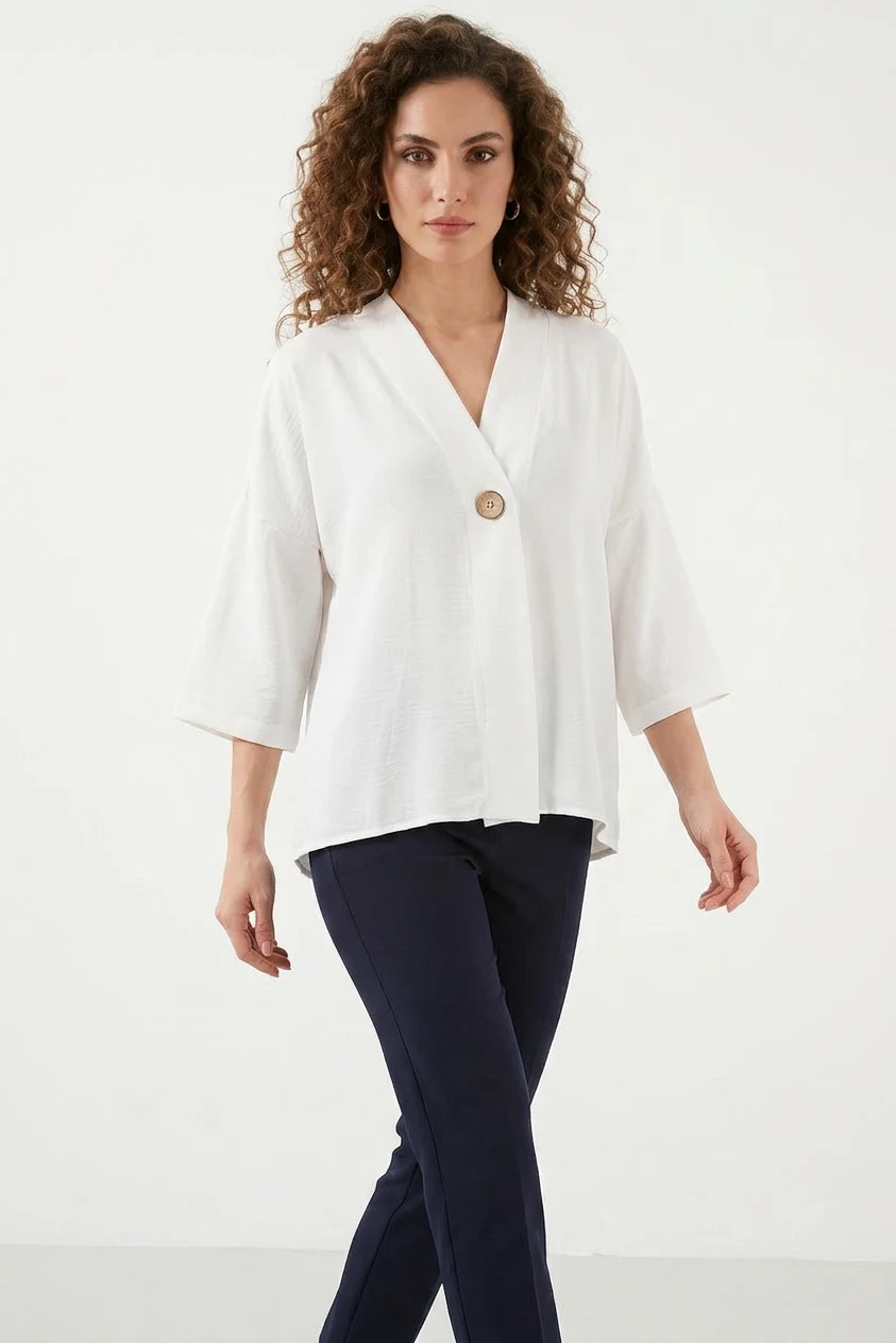 Kadın V Yaka Oversize Kısa Kol Beyaz Kimono