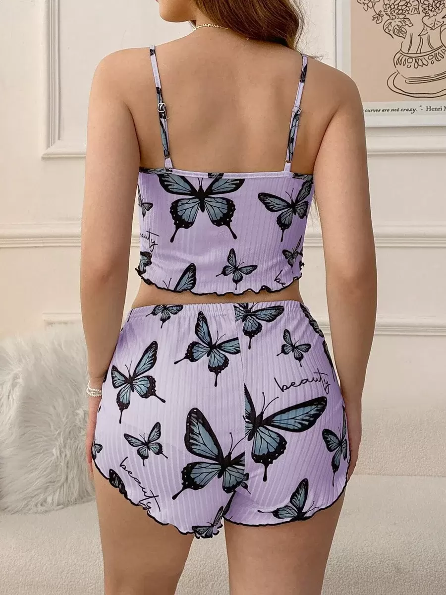 Mor Renk Kelebek Desenli Şortlu Ev Giyim Takımı,Kadın Yazlık Askılı Pijama, Rahat ve Şık Ev Giyim