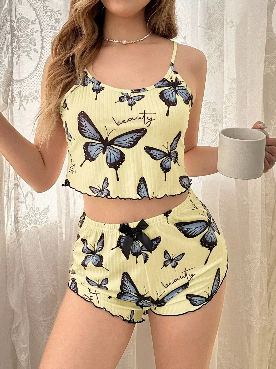 Kadın Sarı Kelebek Desenli Askılı Şortlu Ribana Pijama Takımı,Rahat ve Şık Ev Giyim,Kadın Pijama