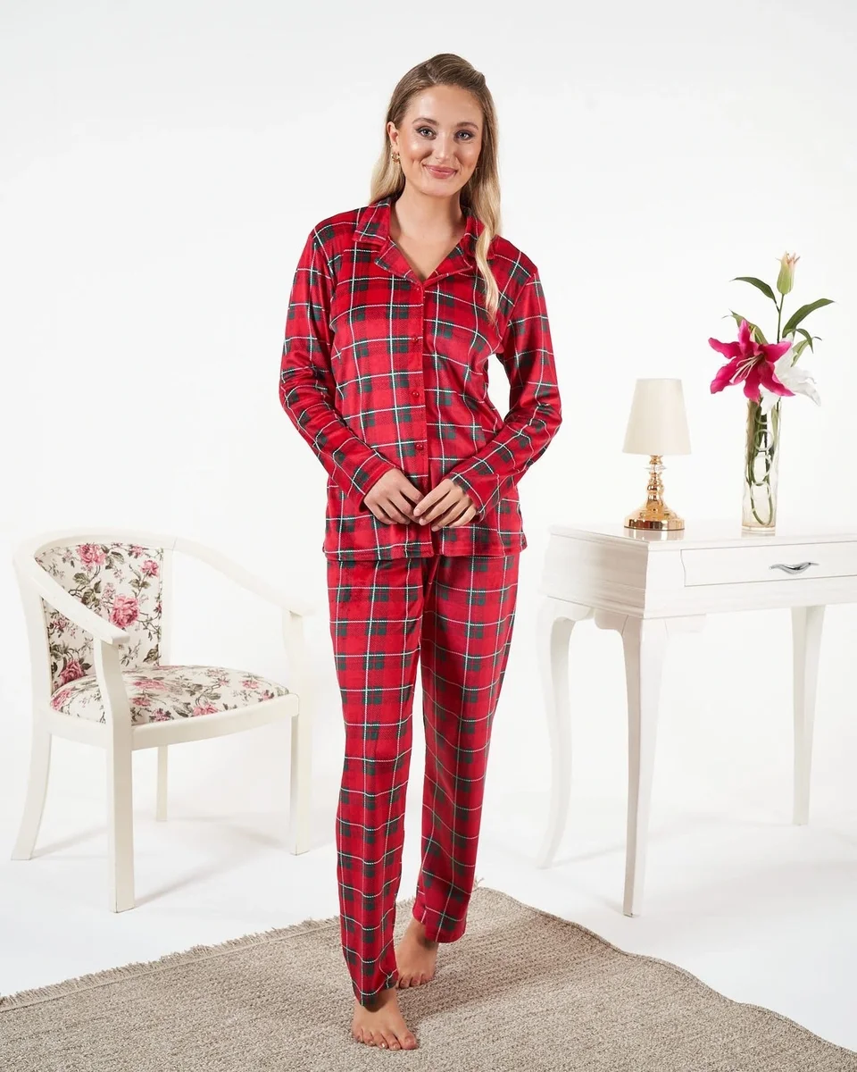 Estiva 25363 Gömlek Yaka Kadife Pijama Takımı