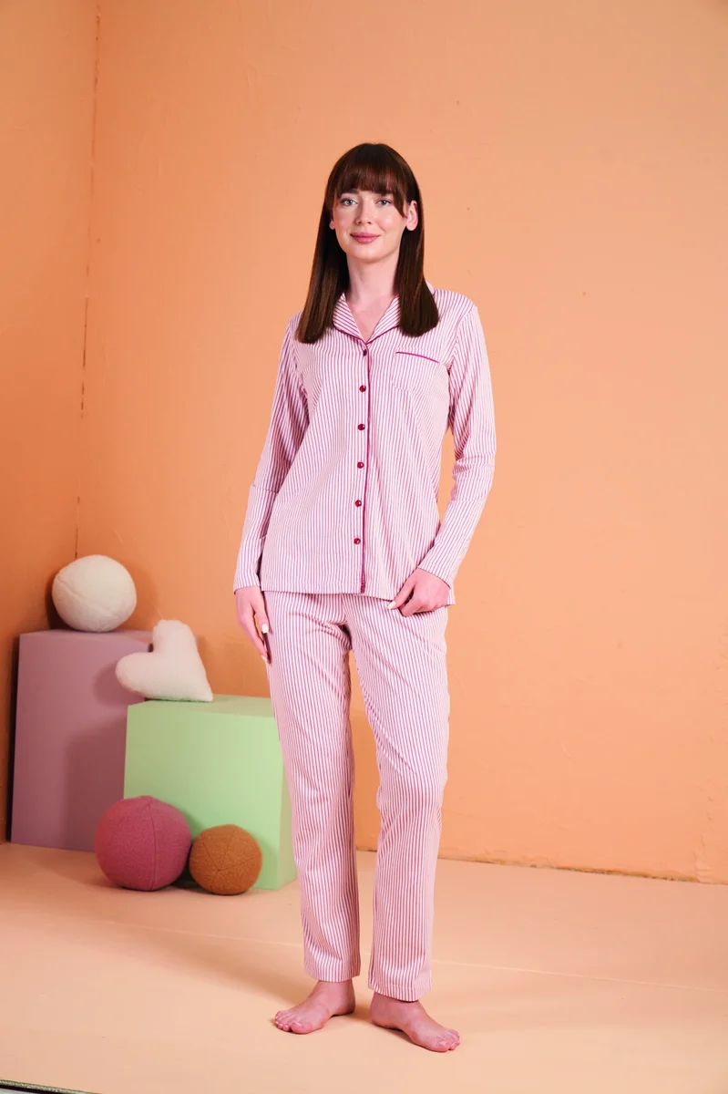 PJS 28001 Kadın Uzun Kol Çizgili Önü Düğmeli Pijama Takım