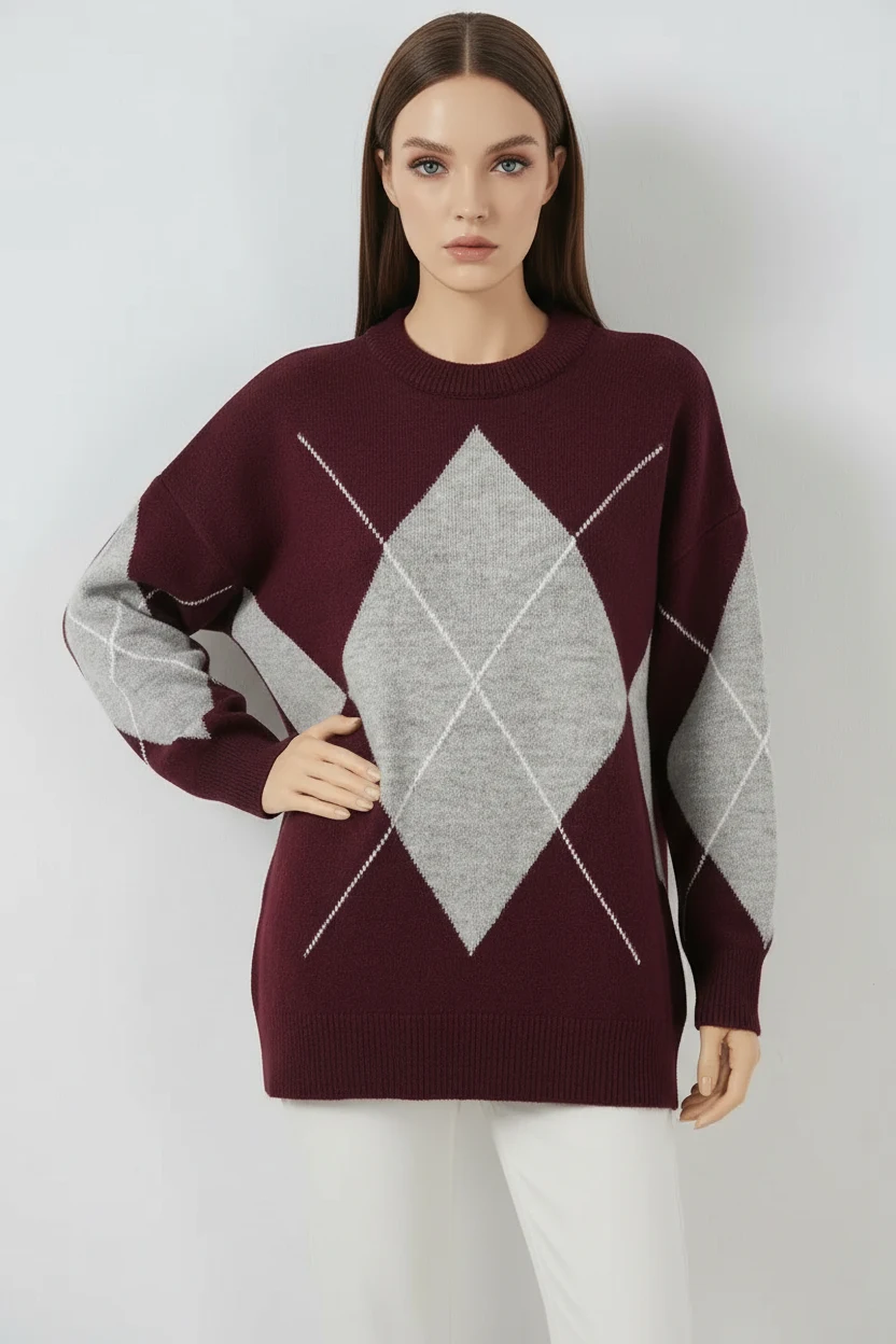 Kadın Yuvarlak Yaka Oversize Baklava Desenli Triko Bordo Kazak