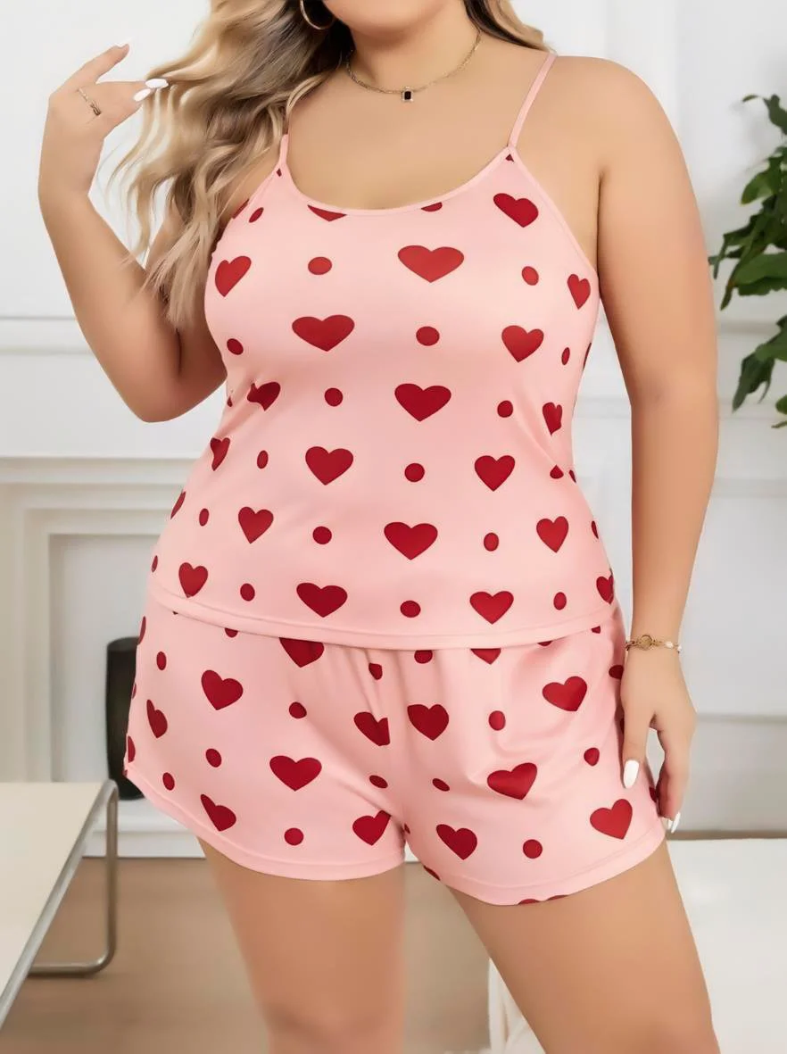 Büyük Beden Pembe Kalp Desen Pamuklu Şortlu Pijama Takımı