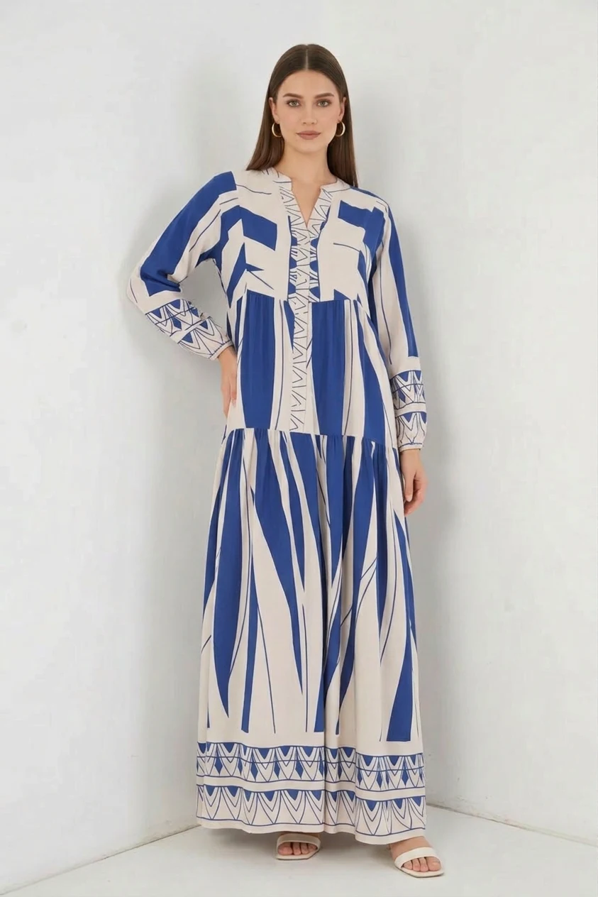 Kadın V Yaka Beli Büzgülü Desenli Viskon C. İndigo Tesettür Elbise