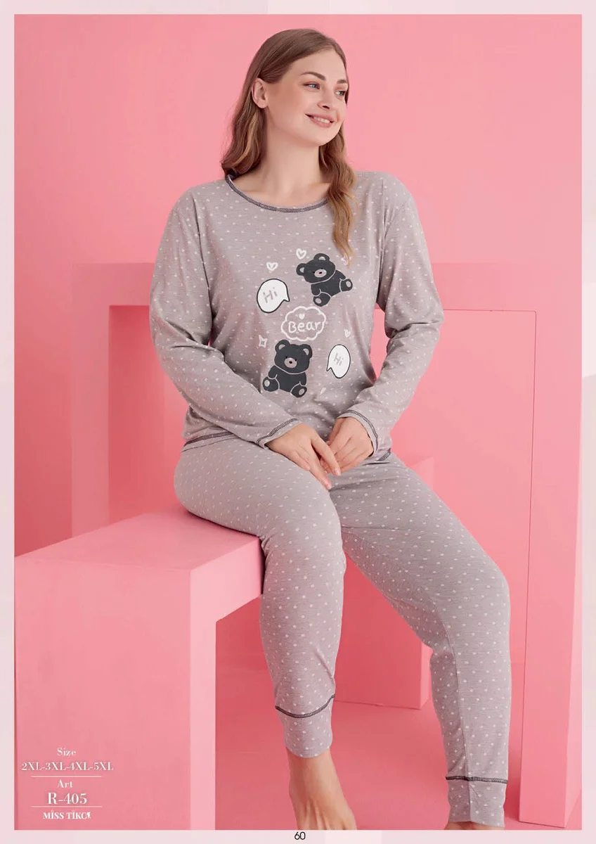 Büyük Beden Pamuklu Hi Bear Ayıcık Desenli Pijama Takımı