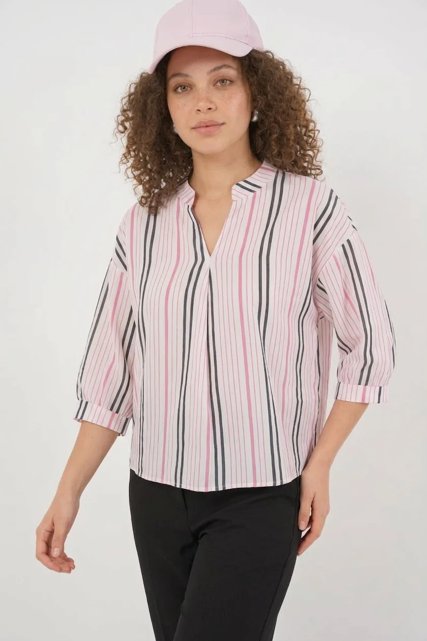 Kadın V Yaka Oversize Çizgili Viskon Pembe Bluz