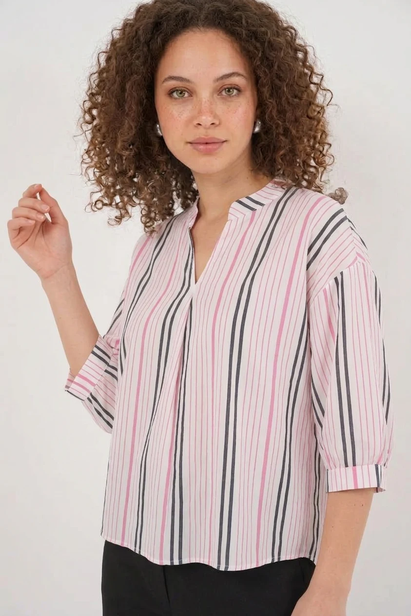 Kadın V Yaka Oversize Çizgili Viskon Pembe Bluz