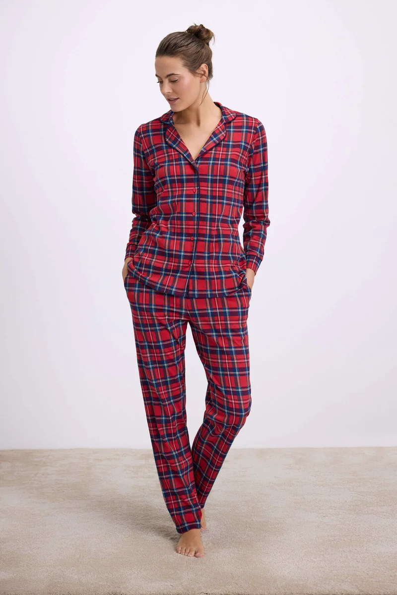 %100 Pamuklu Uzun Kol Düğmeli Gömlek ve Ekose Pantolon Pijama Takımı