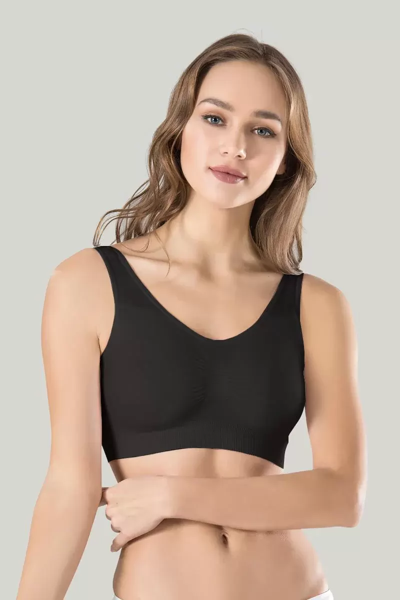 Kadın Siyah Kalın Askılı Çıkarılabilir Pedli Örme Seamless Dikişsiz Basic Büstiyer
