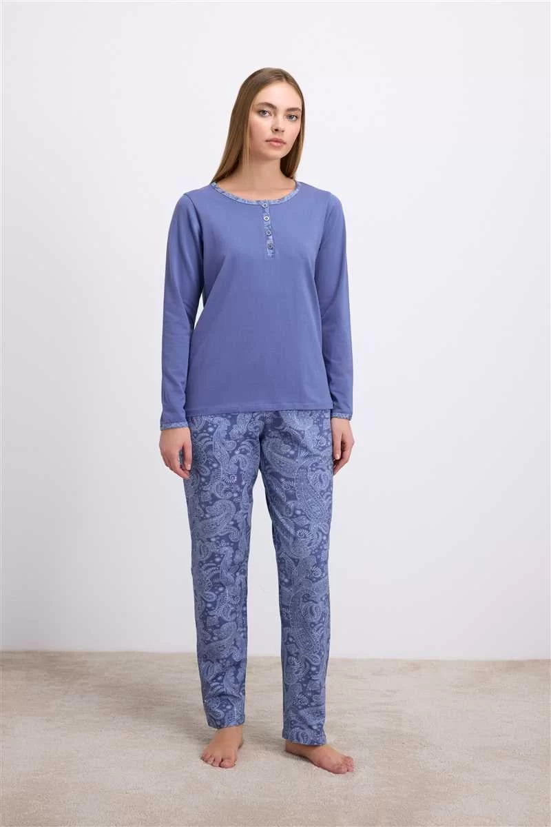 %95 Pamuklu Uzun Kollu T-Shirt ve Desenli Pantolon Pijama Takımı