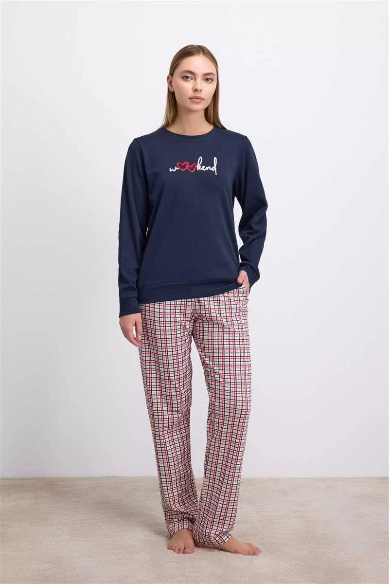 %100 Pamuklu Uzun Kol Sweatshirt ve Ekose Pantolon Pijama Takımı