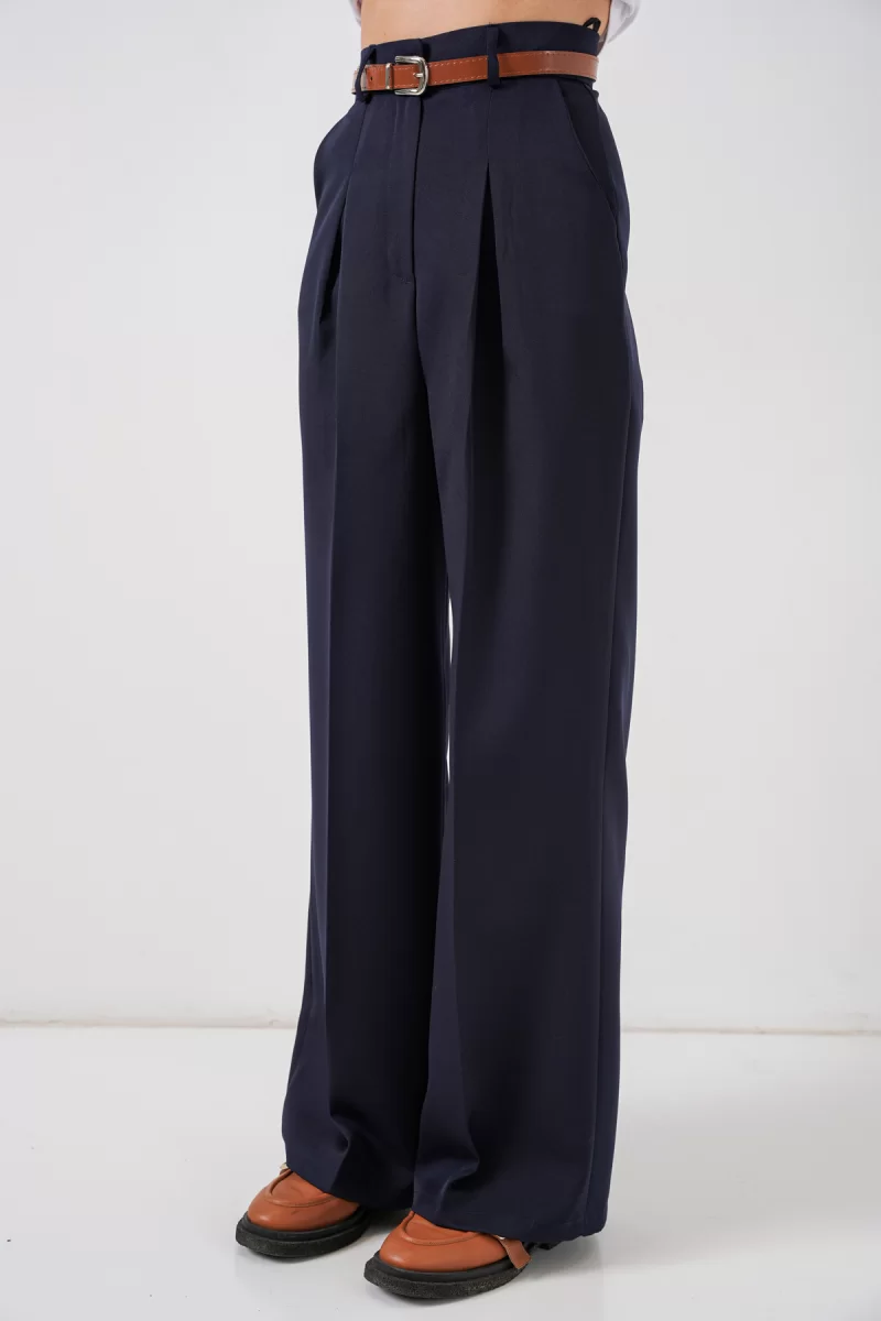Kadın Yüksek Bel Kemerli Bol Paça Lacivert Palazzo Pantolon