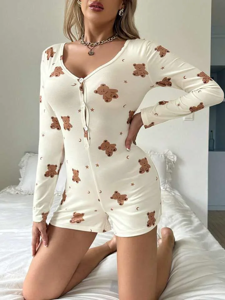 Pamuklu Ekru Ayıcık Desenli Düğmeli Tulum Pijama